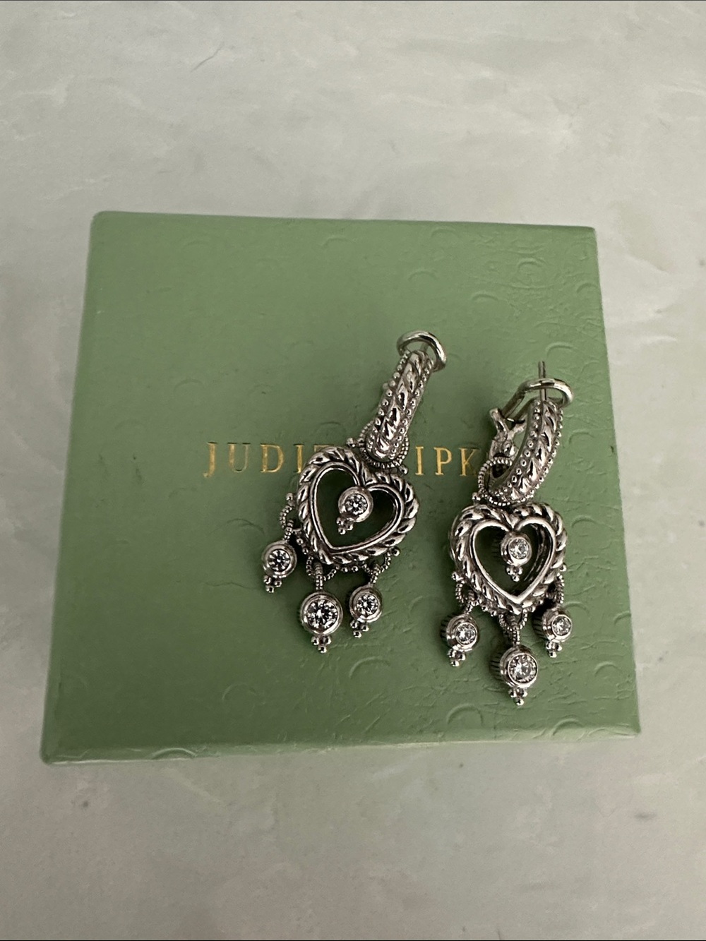 Judith Ripka 925 sterling silver cubic zirconia heart dangle lever back earrings